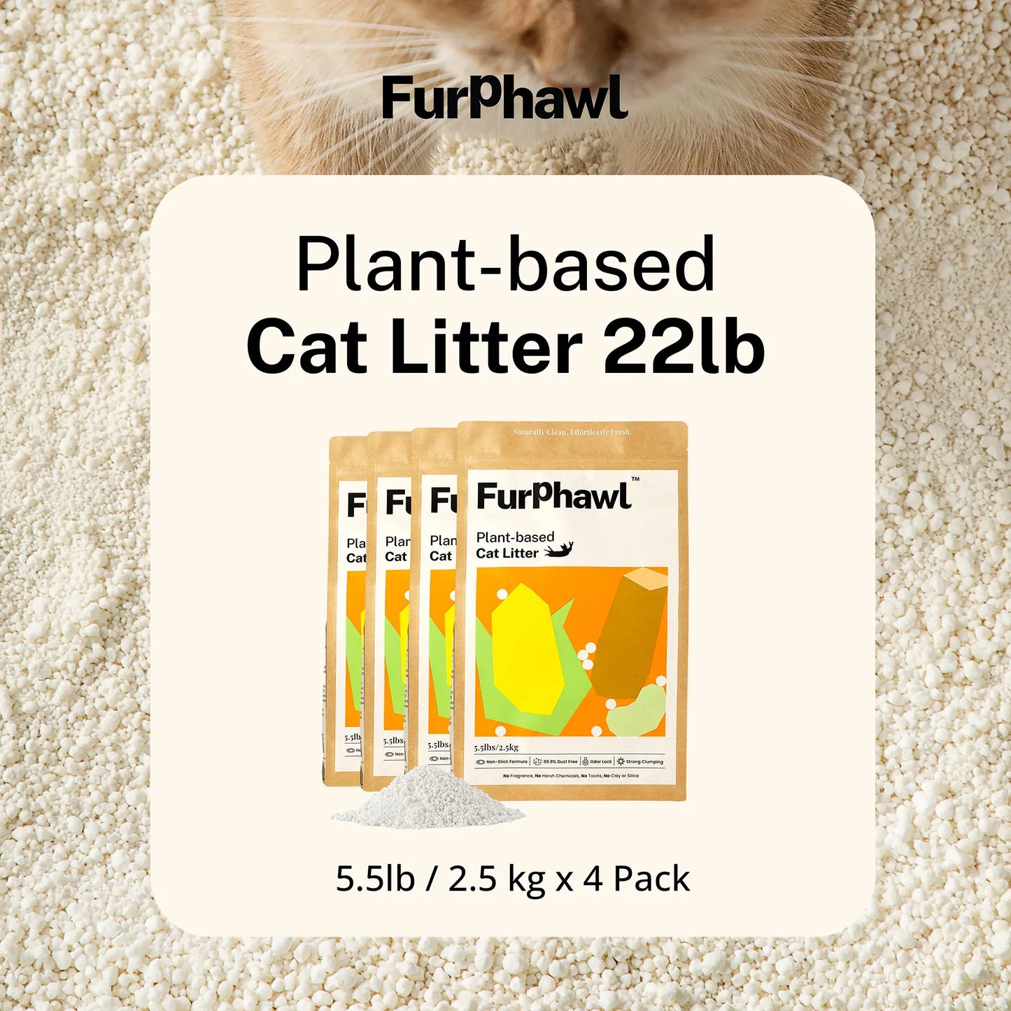 Furphawl – Cassava Cat Litter, Quick Clumping, 100% Natural, Low Dust, Odor Control, Non-Stick Formula, Tapioca Cat Litter, Safe for Kitten & Self Cleaning Cat Litter Box, Baking Soda
