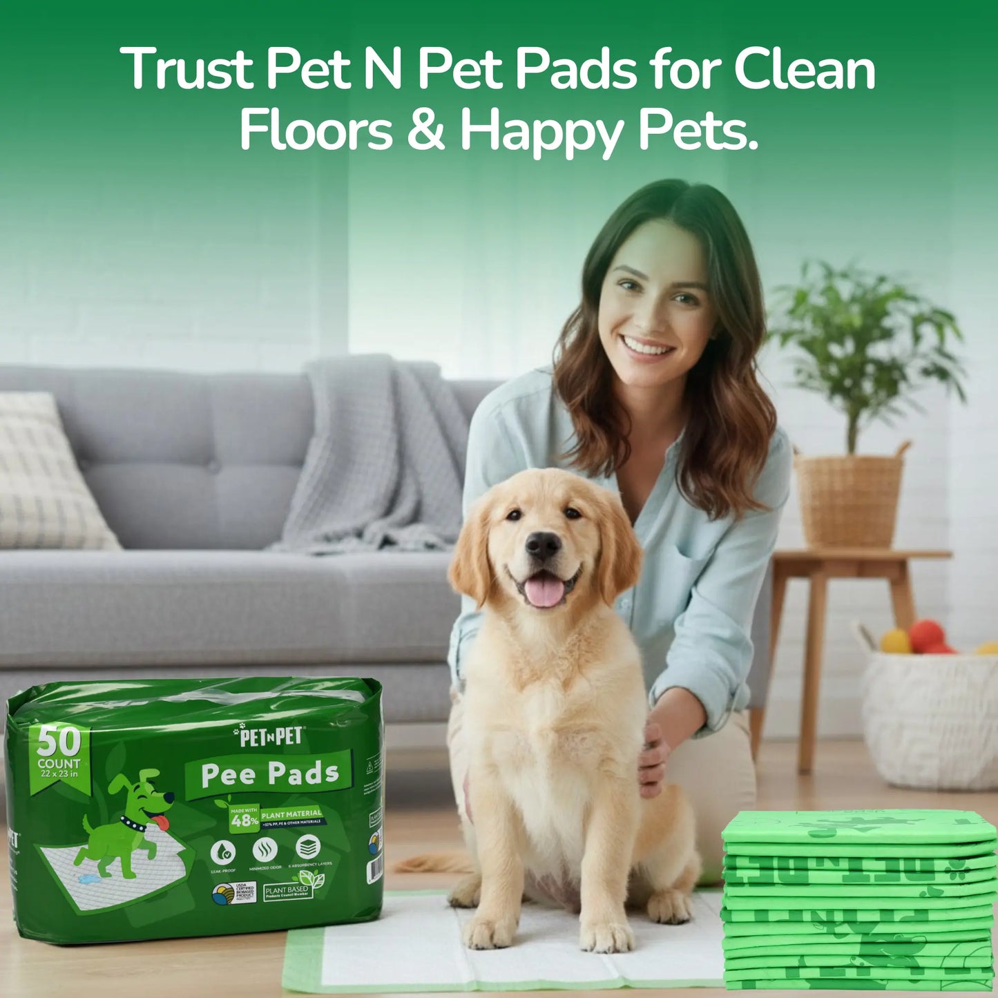 Pet N Pet 50-Count Puppy Training Pads - 48% USDA Certified Plant-Based, Unscented, Leak-Proof, Odor-Locking Absorbent Pads for Senior Dog Care