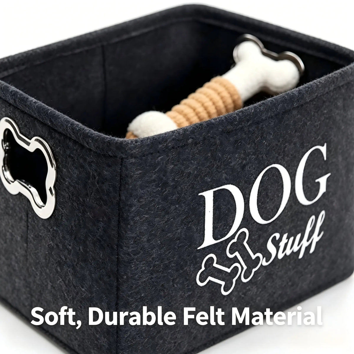 Thick Felt Large Dog Toy Storage Bin (15In X 10.6In X 8.7In) - Collapsible Lightweight Pet Supplies Organizer Basket with Metal Bone-Shaped Handles, Modern Neutral-Tone Logo Box for Toys/Leashes, Ideal for Dog Owners, Bedroom Use