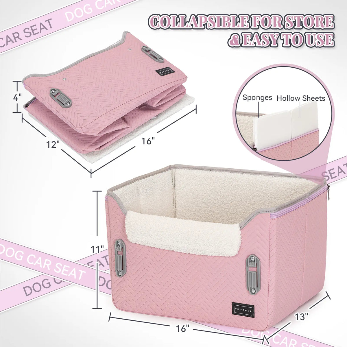 PETSFIT Foldable Dog Car Booster Seat for Small Dogs - Patented Safety Buckles, Safety Tether, Stable Frame, Soft Cushion - Leather, Fabric, Waterproof Wipe, Cozy Velvet Pad - Reduces Stress, Fits Front/Back Seat - Sohochic