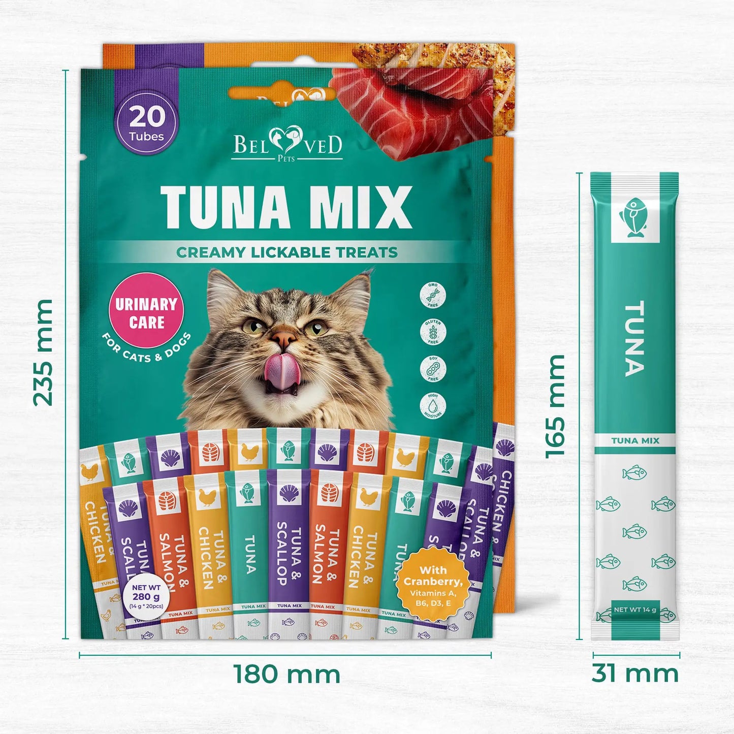 Beloved Pets Creamy Lickable Cat Treats and Wet Food Squeeze Tubes – Liquid Snacks for Kittens, Urinary Health Support, Multivitamin Treats for Cats and Small Dogs, Tuna Mix (40 Sticks)