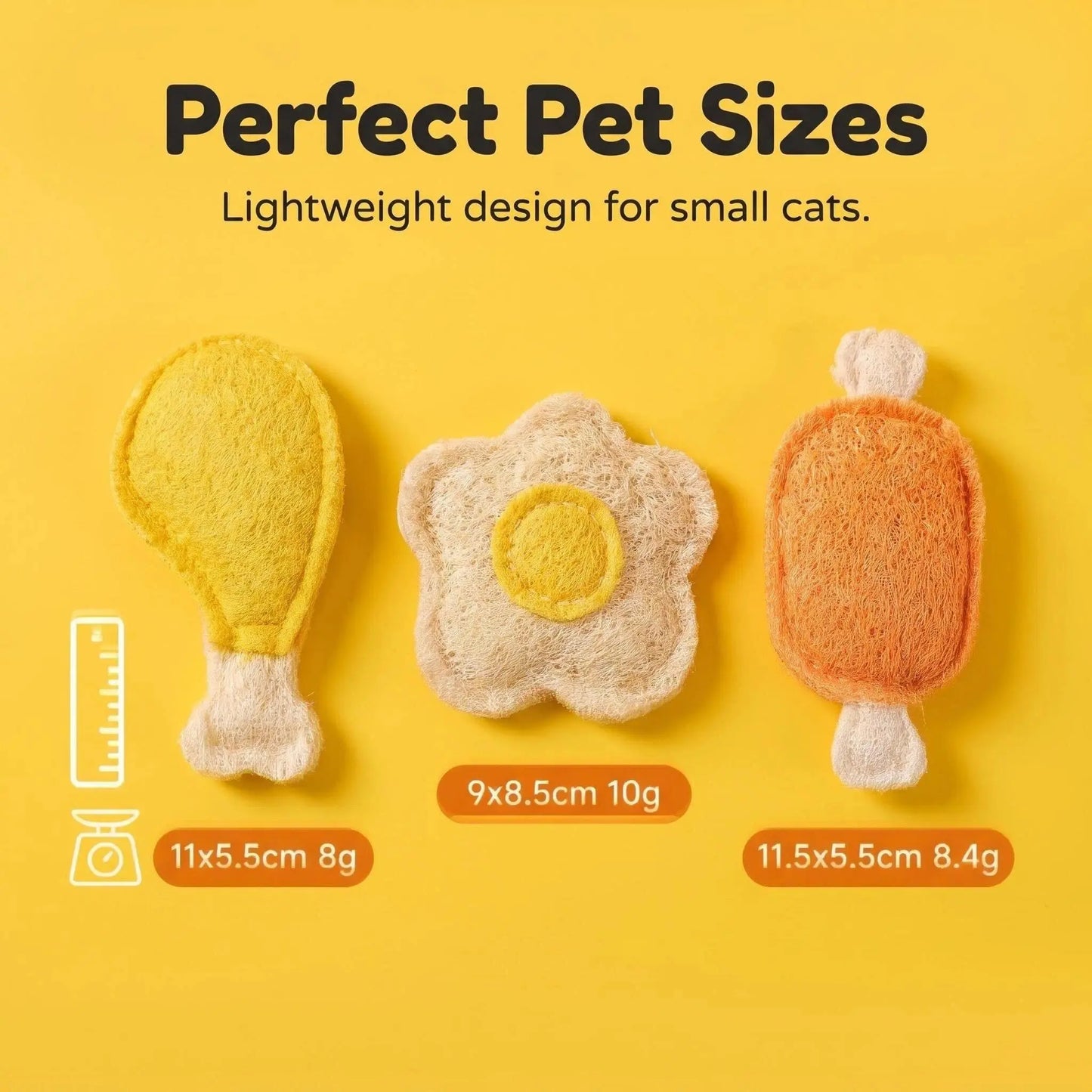 3-Pack Natural Loofah Food Shapes Pet Chew Toys (Chicken Leg, Drumstick, Egg) - Catnip & Silvervine, Antibacterial Molar Cleaning, Anxiety Relief, Chew Scratcher, Non-Toxic Biodegradable, Universal Fit for Cats & Dogs