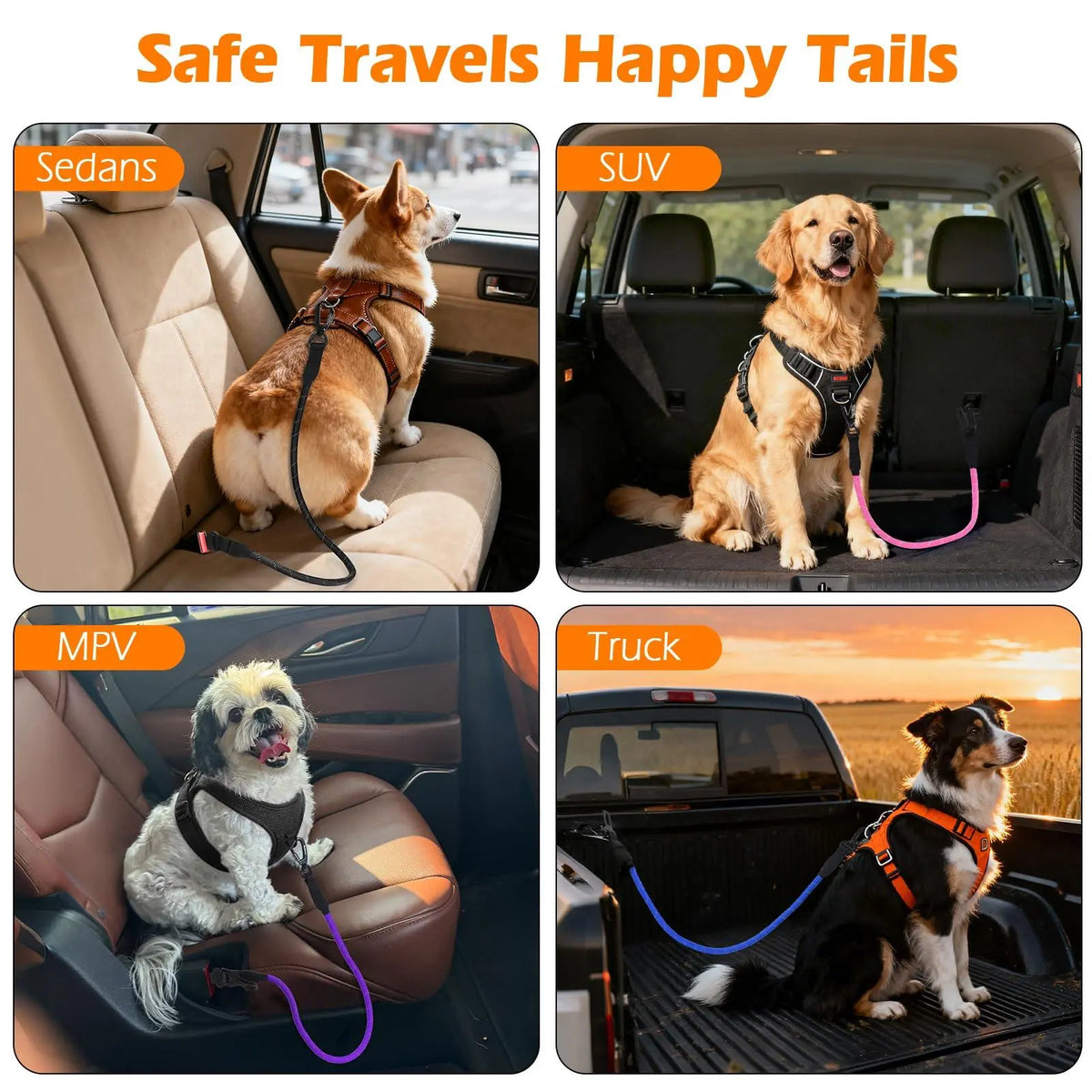 Petbonus Dog Seat Belt for Car, Durable Rope Dog Car Harness Seatbelt for Vehicle, Pet Tether Safety Restraint with Heavy Duty Buckle Hook Latch Lockable Clip for Small Medium Large Breeds