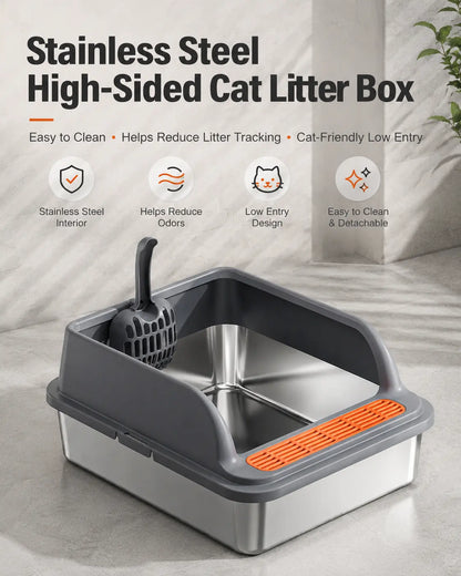 Stainless Steel Extra Large Open-Style Cat Litter Box with Anti-Splash Elevated Fence, Sand Control Semi-Enclosed Pet Litter Tray for Effortless Living