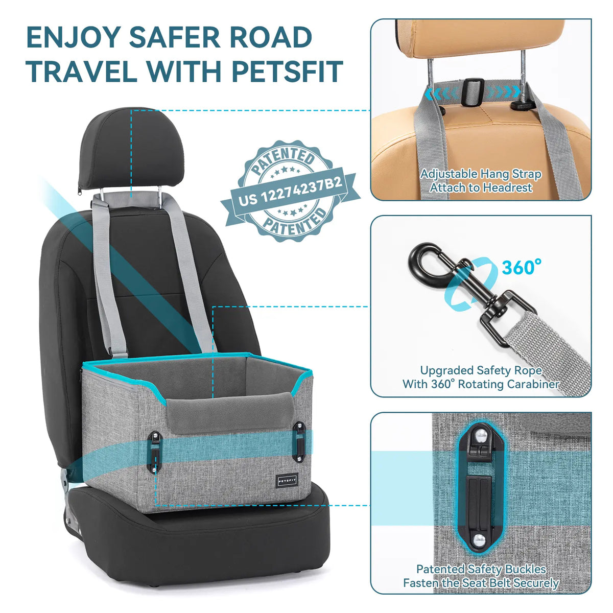 PETSFIT Foldable Dog Car Booster Seat for Small Dogs - Patented Safety Buckles, Safety Tether, Stable Frame, Soft Cushion - Leather, Fabric, Waterproof Wipe, Cozy Velvet Pad - Reduces Stress, Fits Front/Back Seat - Sohochic