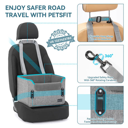 PETSFIT Foldable Dog Car Booster Seat for Small Dogs - Patented Safety Buckles, Safety Tether, Stable Frame, Soft Cushion - Leather, Fabric, Waterproof Wipe, Cozy Velvet Pad - Reduces Stress, Fits Front/Back Seat - Sohochic