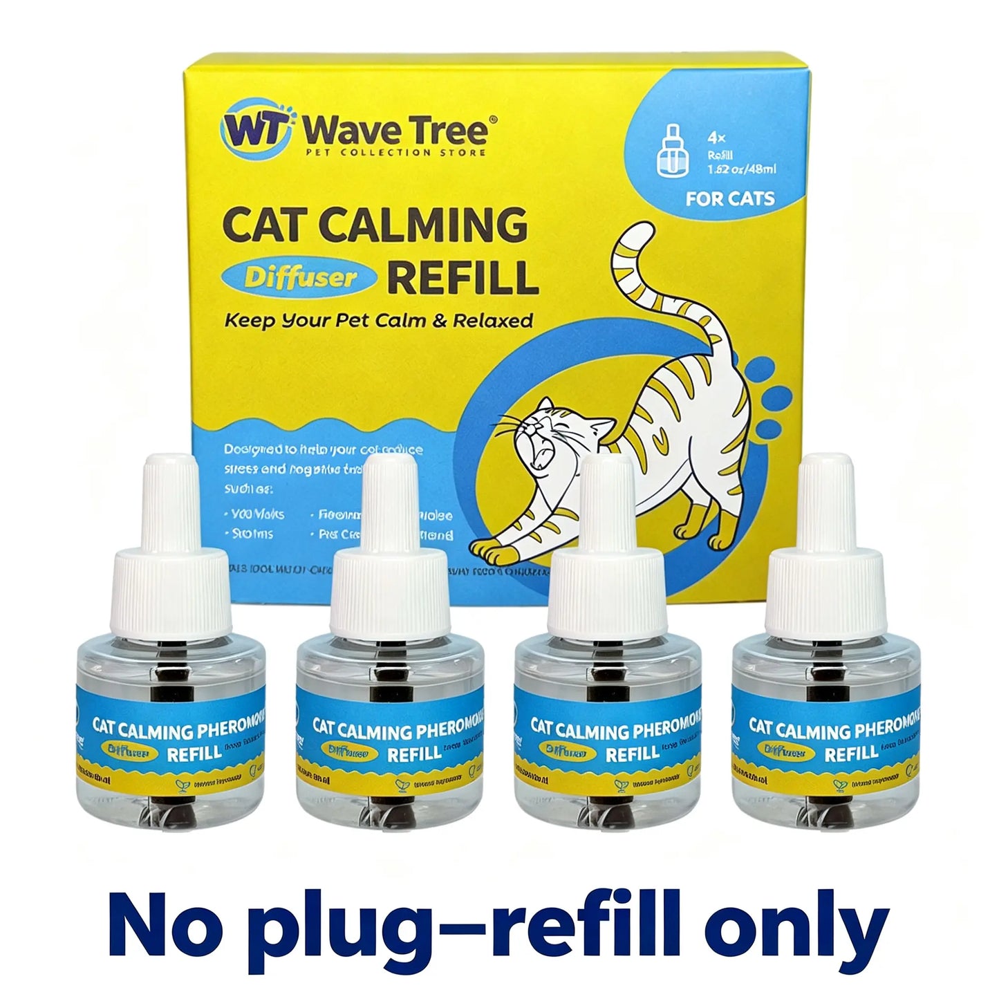 Wavetree Cat Calming Diffuser Refill Kit (4 Pack, 120-Day Supply), Odorless Liquid, Helps Reduce Meowing, Stress & Pee Spraying during Environmental Changes, 48 Ml/Bottle - Tiktokshopbacktoschool