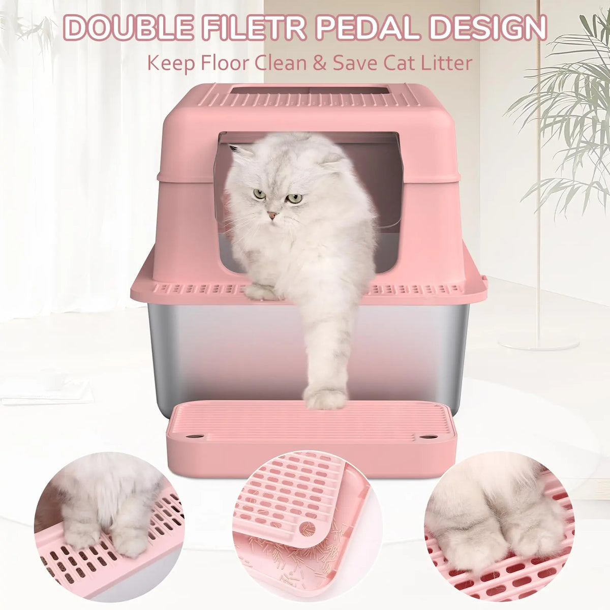 Metal Litter Box with Lid, 36L Extra Large Litter Box XL for Big Cats Top Entry Stainless Steel Litter Box with Double Filter Pedal & Scoop High Sided & Non-Sticky & Anti-Leakage
