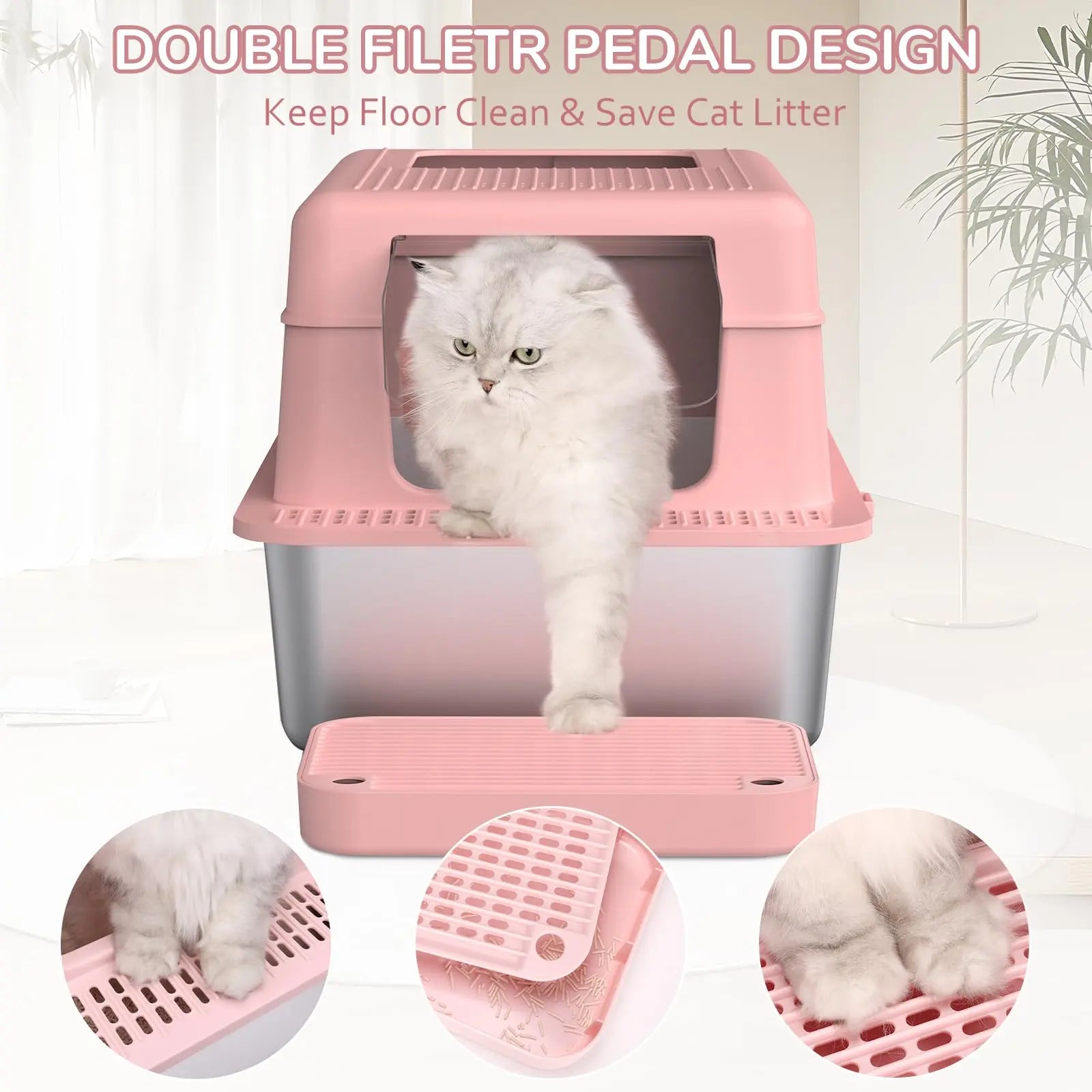 Metal Litter Box with Lid, 36L Extra Large Litter Box XL for Big Cats Top Entry Stainless Steel Litter Box with Double Filter Pedal & Scoop High Sided & Non-Sticky & Anti-Leakage