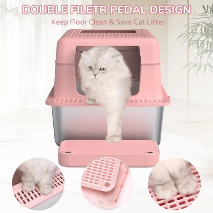 Metal Litter Box with Lid, 36L Extra Large Litter Box XL for Big Cats Top Entry Stainless Steel Litter Box with Double Filter Pedal & Scoop High Sided & Non-Sticky & Anti-Leakage