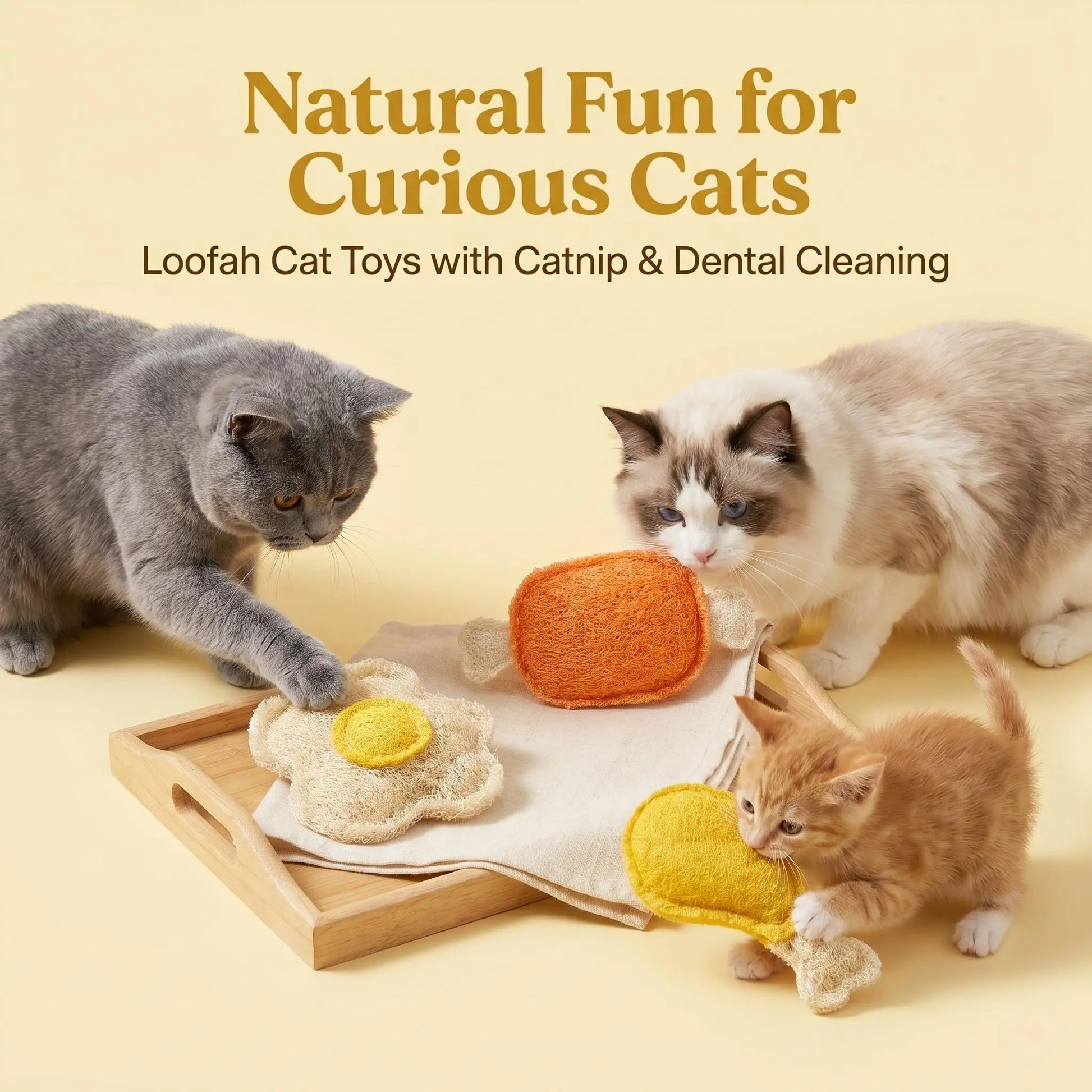 3-Pack Natural Loofah Food Shapes Pet Chew Toys (Chicken Leg, Drumstick, Egg) - Catnip & Silvervine, Antibacterial Molar Cleaning, Anxiety Relief, Chew Scratcher, Non-Toxic Biodegradable, Universal Fit for Cats & Dogs