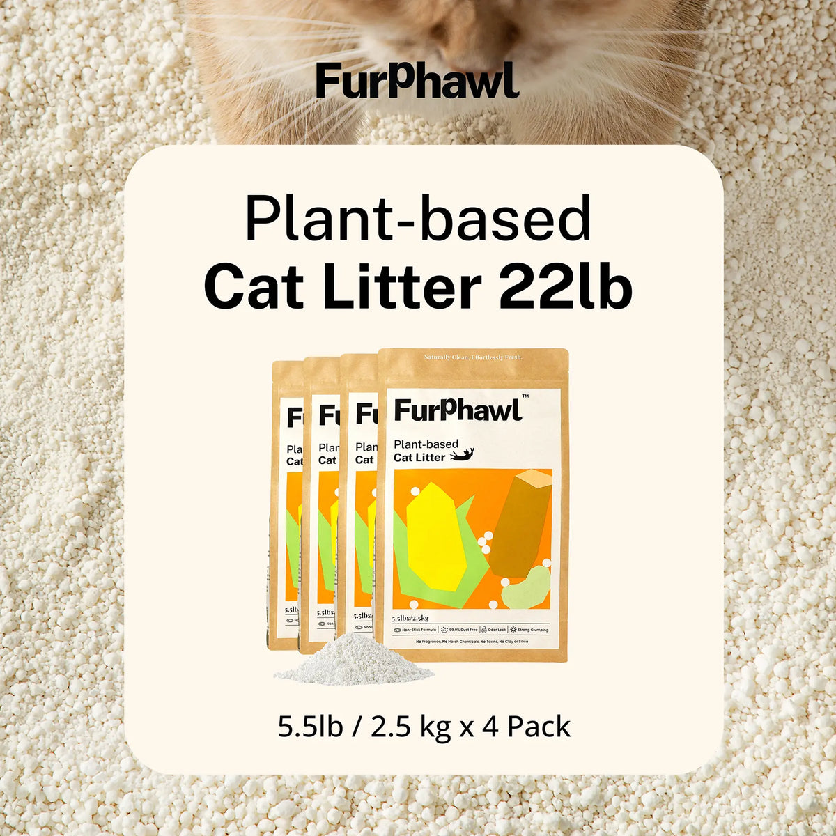 Furphawl – Cassava Cat Litter, Quick Clumping, 100% Natural, Low Dust, Odor Control, Non-Stick Formula, Tapioca Cat Litter, Safe for Kitten & Self Cleaning Cat Litter Box, Baking Soda