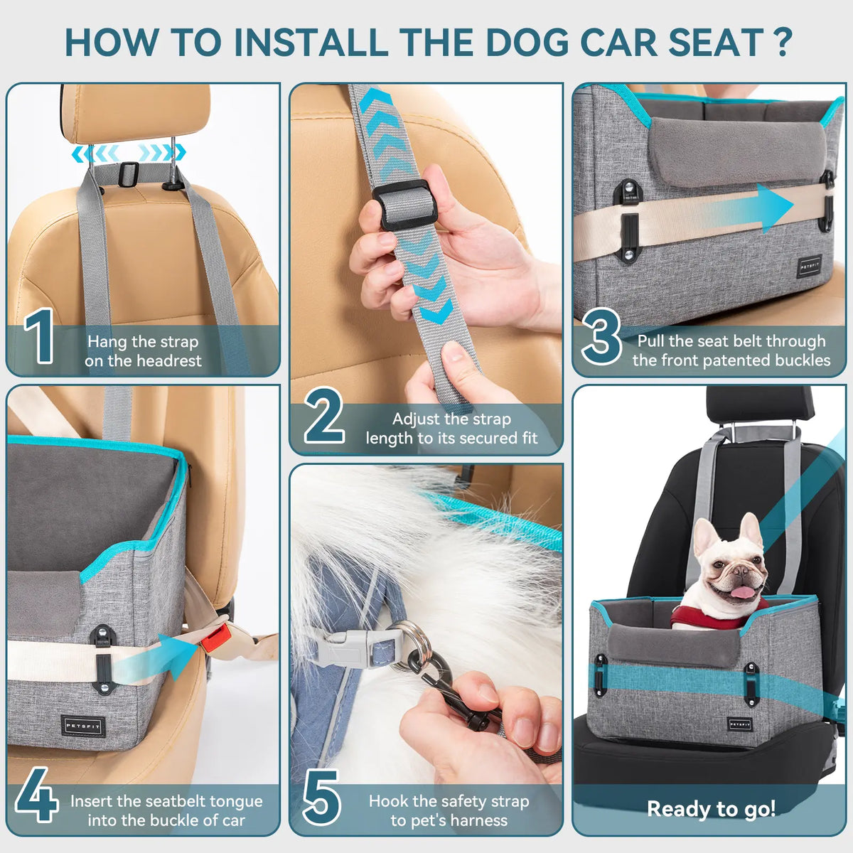 PETSFIT Foldable Dog Car Booster Seat for Small Dogs - Patented Safety Buckles, Safety Tether, Stable Frame, Soft Cushion - Leather, Fabric, Waterproof Wipe, Cozy Velvet Pad - Reduces Stress, Fits Front/Back Seat - Sohochic