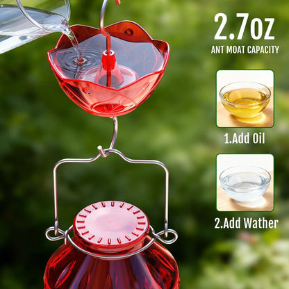 Birdream Hummingbird Feeders for Outdoors, 25Oz Glass Hummingbird Feeder with Perch & 5 Bee Guard Feeding Ports, Leak Proof, Includes Ant Moat and Cleaning Brush, Gift for Women Mom, Red