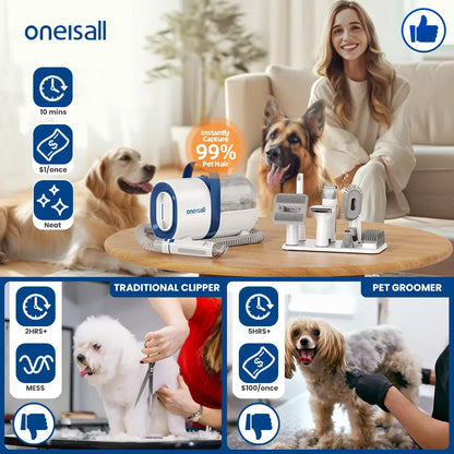 Oneisall Pet Grooming Vacuum 1.5L with Grooming Brush, Clipper, Low-Noise, Stress-Free, 99% Hair Suction, Easy-To-Clean & Compact Design