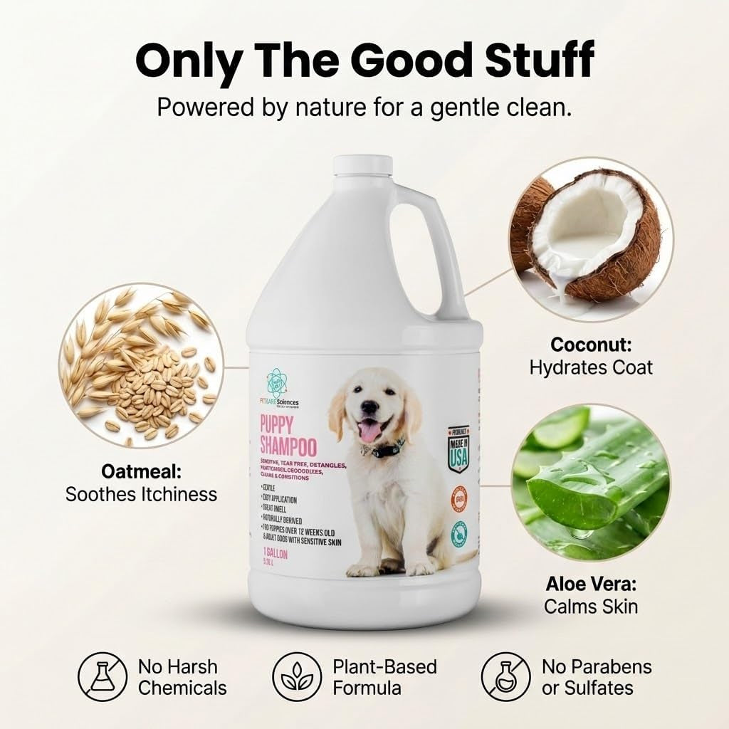 1 Gallon Hypoallergenic Tearless Puppy Shampoo and Conditioner for Itchy Skin Relief - Coconut Oil Oatmeal Formula, Made in the USA