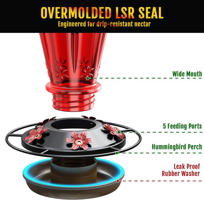 Birdream Hummingbird Feeders for Outdoors, 25Oz Glass Hummingbird Feeder with Perch & 5 Bee Guard Feeding Ports, Leak Proof, Includes Ant Moat and Cleaning Brush, Gift for Women Mom, Red