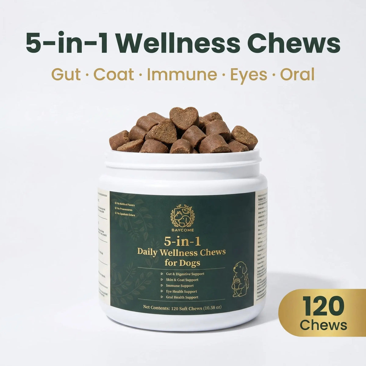 Canine Nutritional Supplement Soft Chews - 5-In-1 Bulk Digestive Aid, Probiotics, Cranberry, Lutein, Vitamin A, Dl-Methionine - 120 Count, 10.58 Oz - Daily Canine Wellness for 12 Weeks and Older Dogs (Gut, Immune Health)