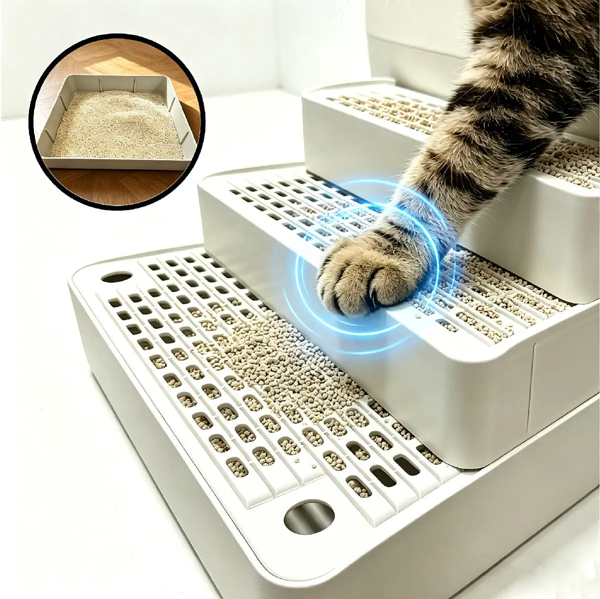 Adjustable Cat Litter Box Ramp, 3 Step Cat Litter Stair, Litter Box Step with Filter, Non Slip Cat Litter Ramp, Easy Clean Cat Litter Step, Senior Cat Litter Ramp, Small Cat Litter Stair, Litter Tracking Reduction Ramp, Light Grey Cat Litter Box Step