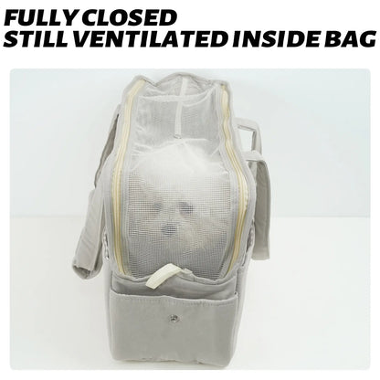 Cozy Cotton Soft Gray Pet Carrier for Small Dogs Cats Rabbits, Travel-Ready Foldable Puppy Bag with Spacious Organizer Pockets, Portable Kitten Carrier with Safety Tether & Ventilated Mesh