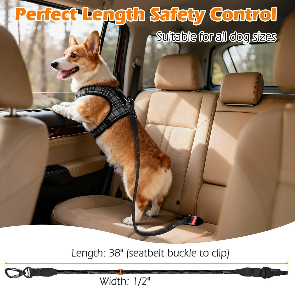 Petbonus Dog Seat Belt for Car, Durable Rope Dog Car Harness Seatbelt for Vehicle, Pet Tether Safety Restraint with Heavy Duty Buckle Hook Latch Lockable Clip for Small Medium Large Breeds