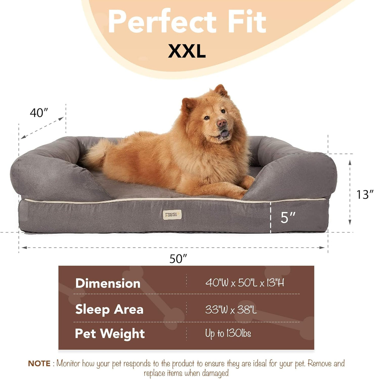 Orthopedic Memory Foam Dog Bed with Calming Design, Water-Resistant Cover, Washable, Non-Slip Base, Chester Grey, 50" x 40" x 13