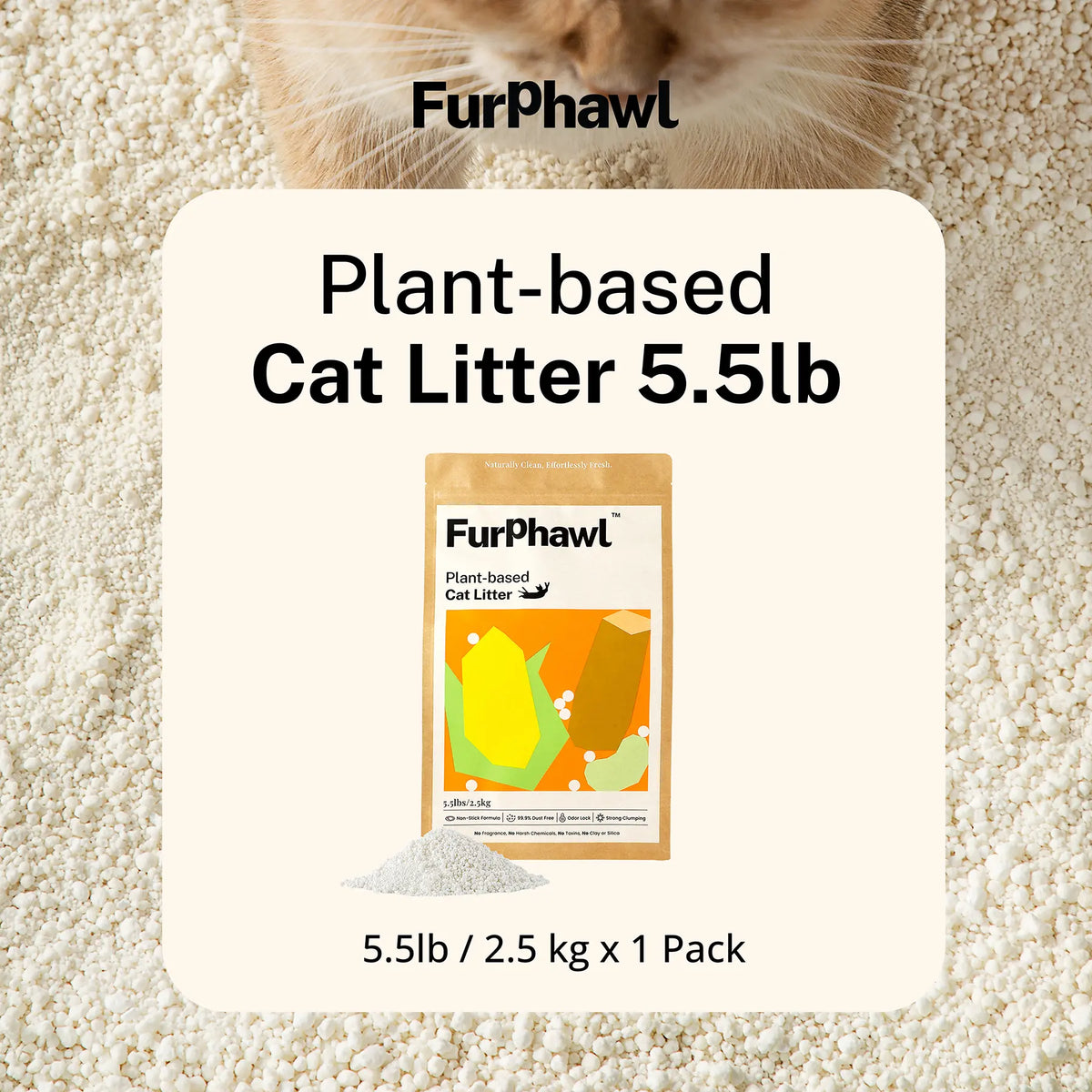 Furphawl – Cassava Cat Litter, Quick Clumping, 100% Natural, Low Dust, Odor Control, Non-Stick Formula, Tapioca Cat Litter, Safe for Kitten & Self Cleaning Cat Litter Box, Baking Soda