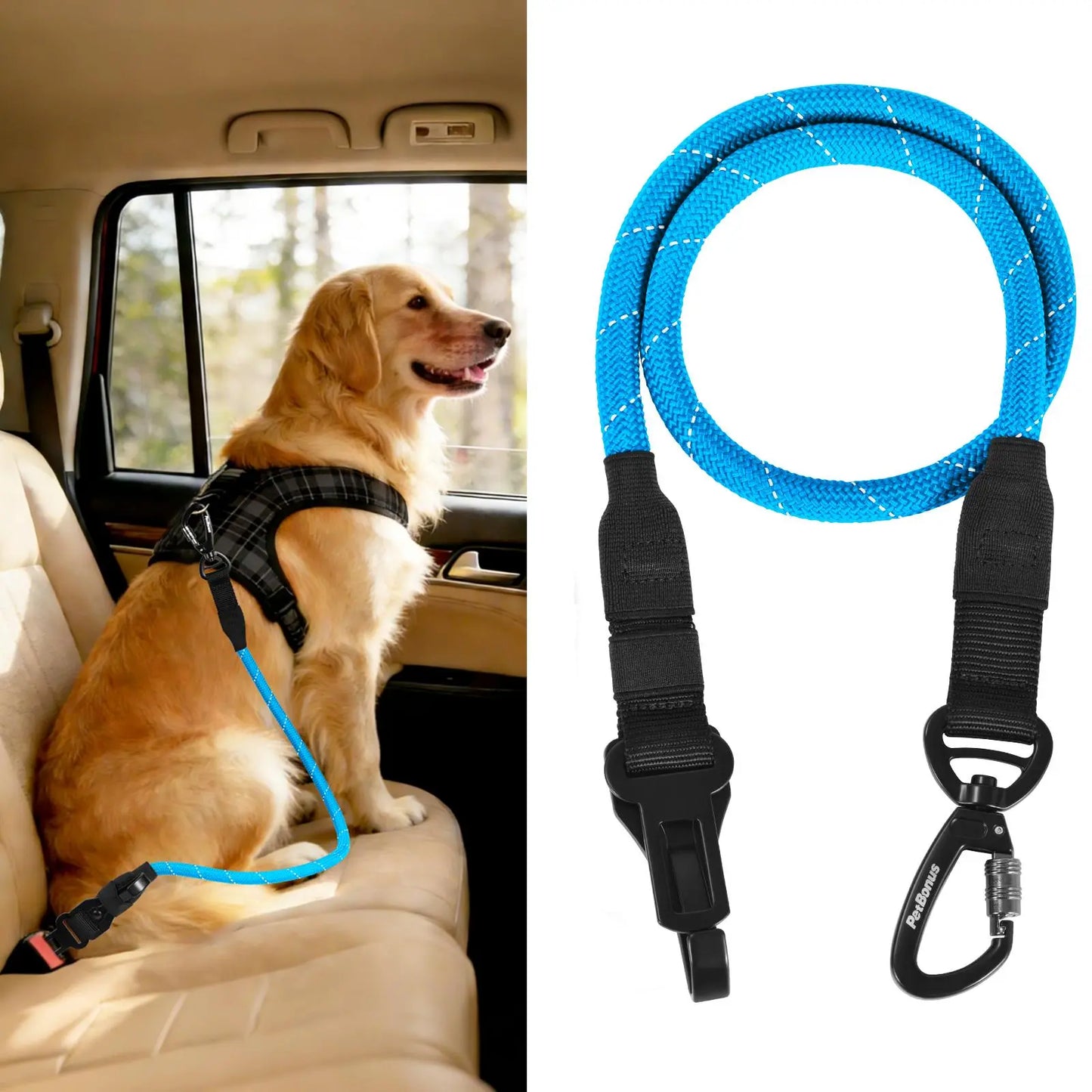 Petbonus Dog Seat Belt for Car, Durable Rope Dog Car Harness Seatbelt for Vehicle, Pet Tether Safety Restraint with Heavy Duty Buckle Hook Latch Lockable Clip for Small Medium Large Breeds