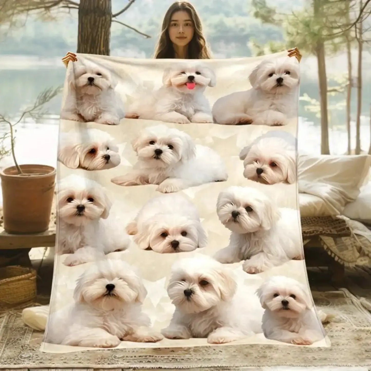 1Pc Fluffy Dog Blanket - Cute Animal Blanket with Adorable Puppy Faces, Soft Flannel Fabric 1-Piece Throw, Lightweight All-Seasons Warm Cover, Machine Washable for Small Dogs, Sofa & Bed Use