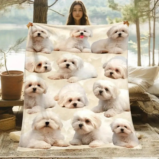 1Pc Fluffy Dog Blanket - Cute Animal Blanket with Adorable Puppy Faces, Soft Flannel Fabric 1-Piece Throw, Lightweight All-Seasons Warm Cover, Machine Washable for Small Dogs, Sofa & Bed Use