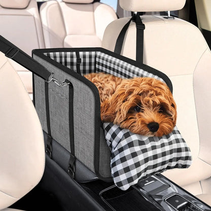 Luxury Center Console Dog Car Seat for Small Pets up to 12 Lbs - Armrest-Mount Puppy Carrier, Checkered Padded Fabric Cushion, Safety Tether, Cars Accessories Travel Bed for Dogs & Cats