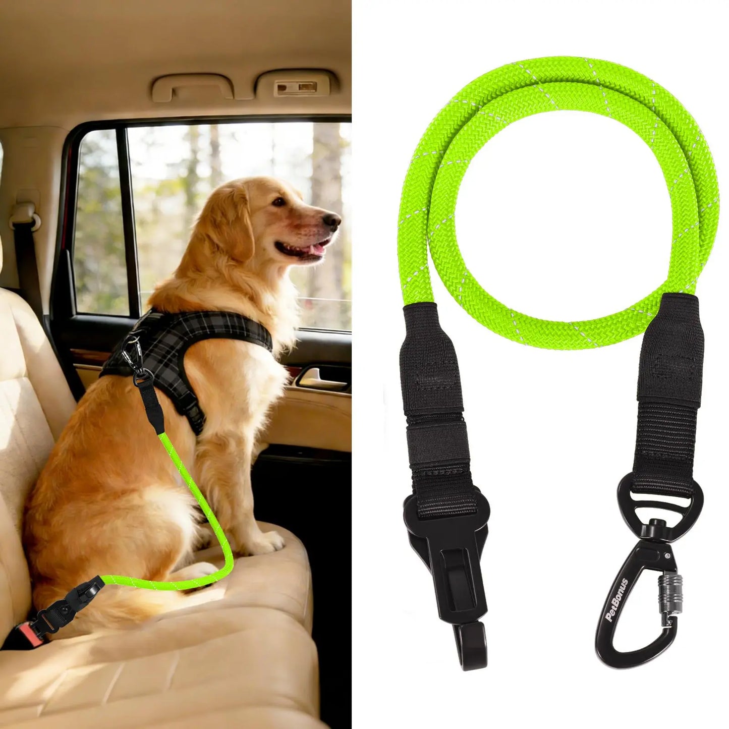 Petbonus Dog Seat Belt for Car, Durable Rope Dog Car Harness Seatbelt for Vehicle, Pet Tether Safety Restraint with Heavy Duty Buckle Hook Latch Lockable Clip for Small Medium Large Breeds