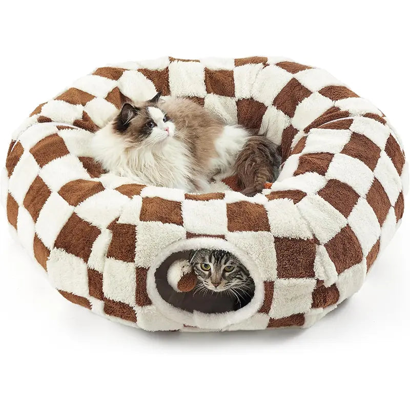 2-In-1 Plaid Cat Tunnel Bed for Indoor Cats - Cute Donut Design with Hidden Play Space, Washable Circle Cushion, Studded Grip Base for Kittens/Rabbits