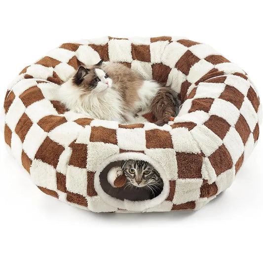 2-In-1 Plaid Cat Tunnel Bed for Indoor Cats - Cute Donut Design with Hidden Play Space, Washable Circle Cushion, Studded Grip Base for Kittens/Rabbits