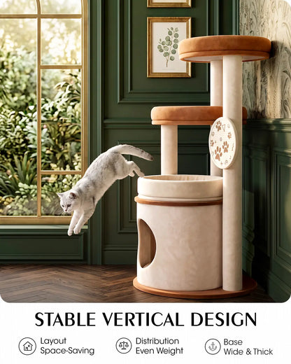 4-Tier Fully Wrapped Plush Cat Tree for Large Cats and Multi-Cat Homes, Dual Spacious Perches, Cozy Condo, Wide Stable Base and Scratching Pad