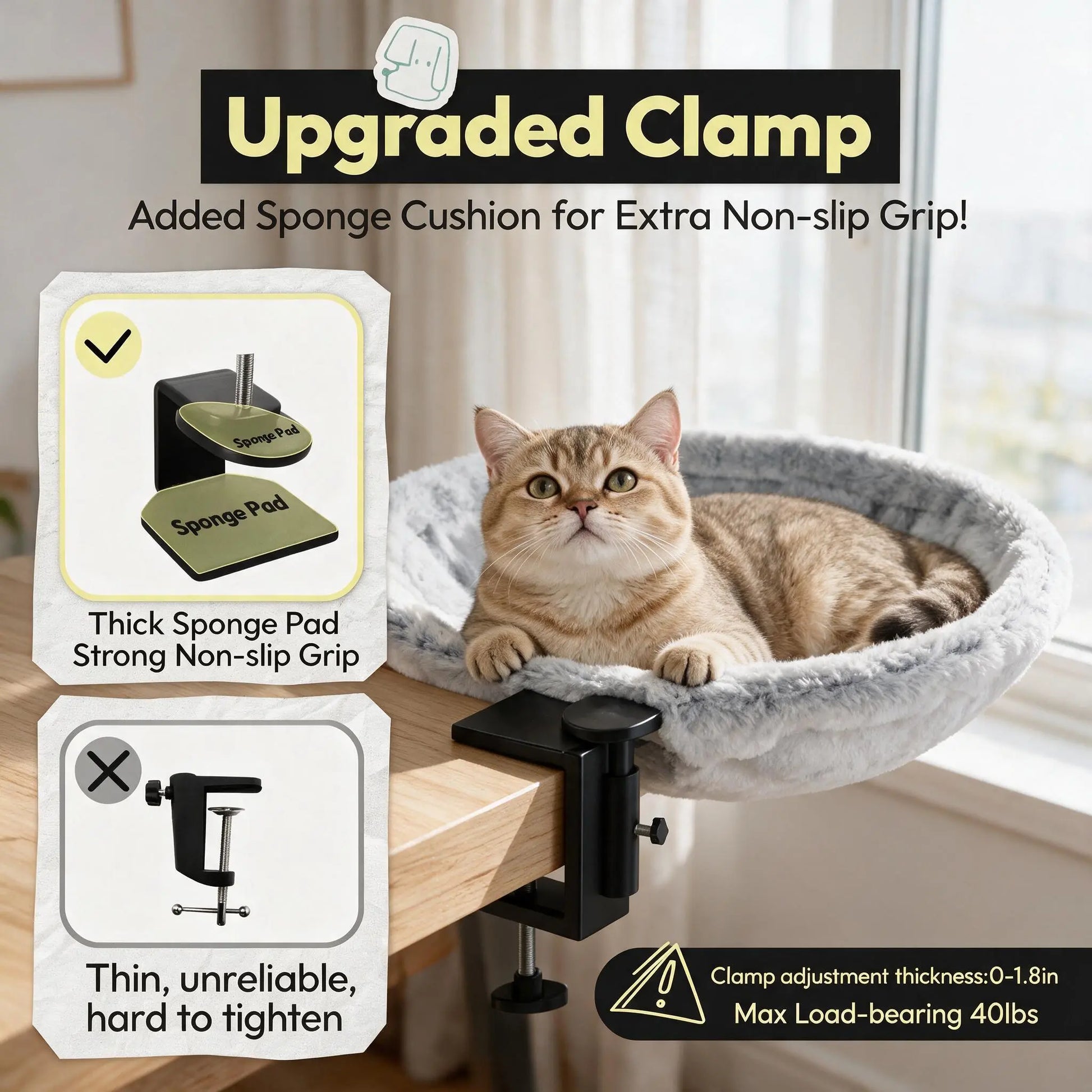 Elevated Cat Hammock Condo - Modern Single Unit with Desk Clamp, Durable Marble Design, Velcro Nylon Material, 360-Degree Rotatable for Optimal Pet Relaxation