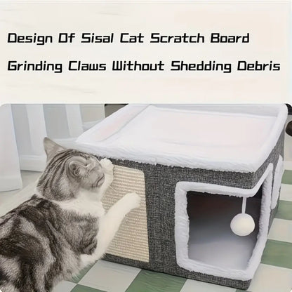 Polyester-Cotton Classic Modern Plain Foldable Cat House - 30Lbs Weight Capacity, Large Hole, round Windows, Fluffy Hanging Balls, Double-Sided Soft Cushions, All-Season Indoor Apartment Use,Sohochic