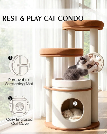 4-Tier Fully Wrapped Plush Cat Tree for Large Cats and Multi-Cat Homes, Dual Spacious Perches, Cozy Condo, Wide Stable Base and Scratching Pad