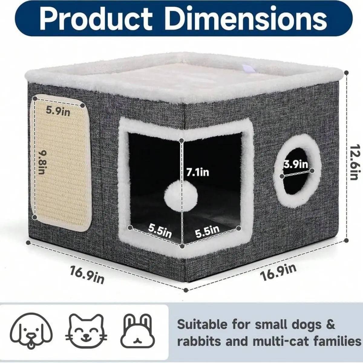Polyester-Cotton Classic Modern Plain Foldable Cat House - 30Lbs Weight Capacity, Large Hole, round Windows, Fluffy Hanging Balls, Double-Sided Soft Cushions, All-Season Indoor Apartment Use,Sohochic
