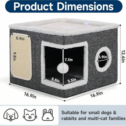 Polyester-Cotton Classic Modern Plain Foldable Cat House - 30Lbs Weight Capacity, Large Hole, round Windows, Fluffy Hanging Balls, Double-Sided Soft Cushions, All-Season Indoor Apartment Use,Sohochic