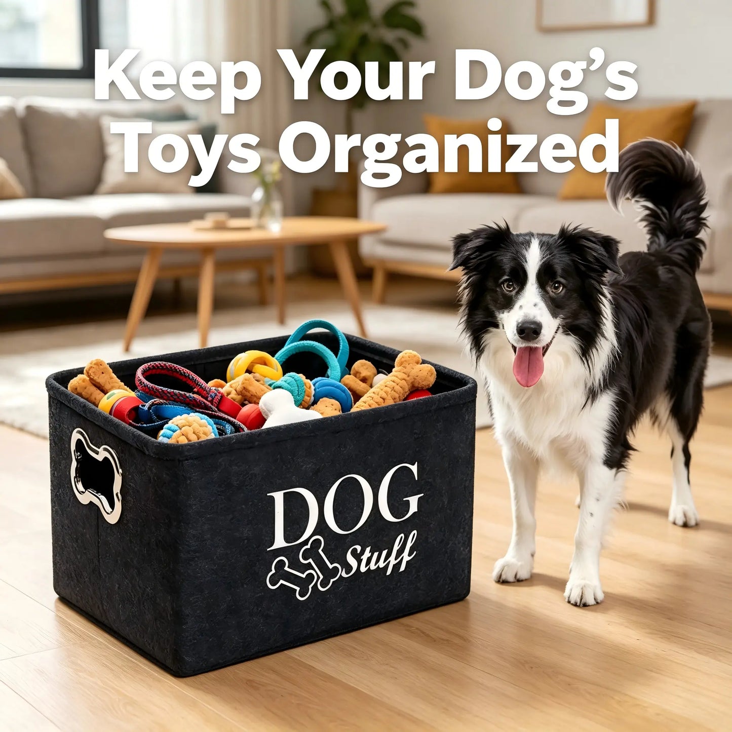 Thick Felt Large Dog Toy Storage Bin (15In X 10.6In X 8.7In) - Collapsible Lightweight Pet Supplies Organizer Basket with Metal Bone-Shaped Handles, Modern Neutral-Tone Logo Box for Toys/Leashes, Ideal for Dog Owners, Bedroom Use