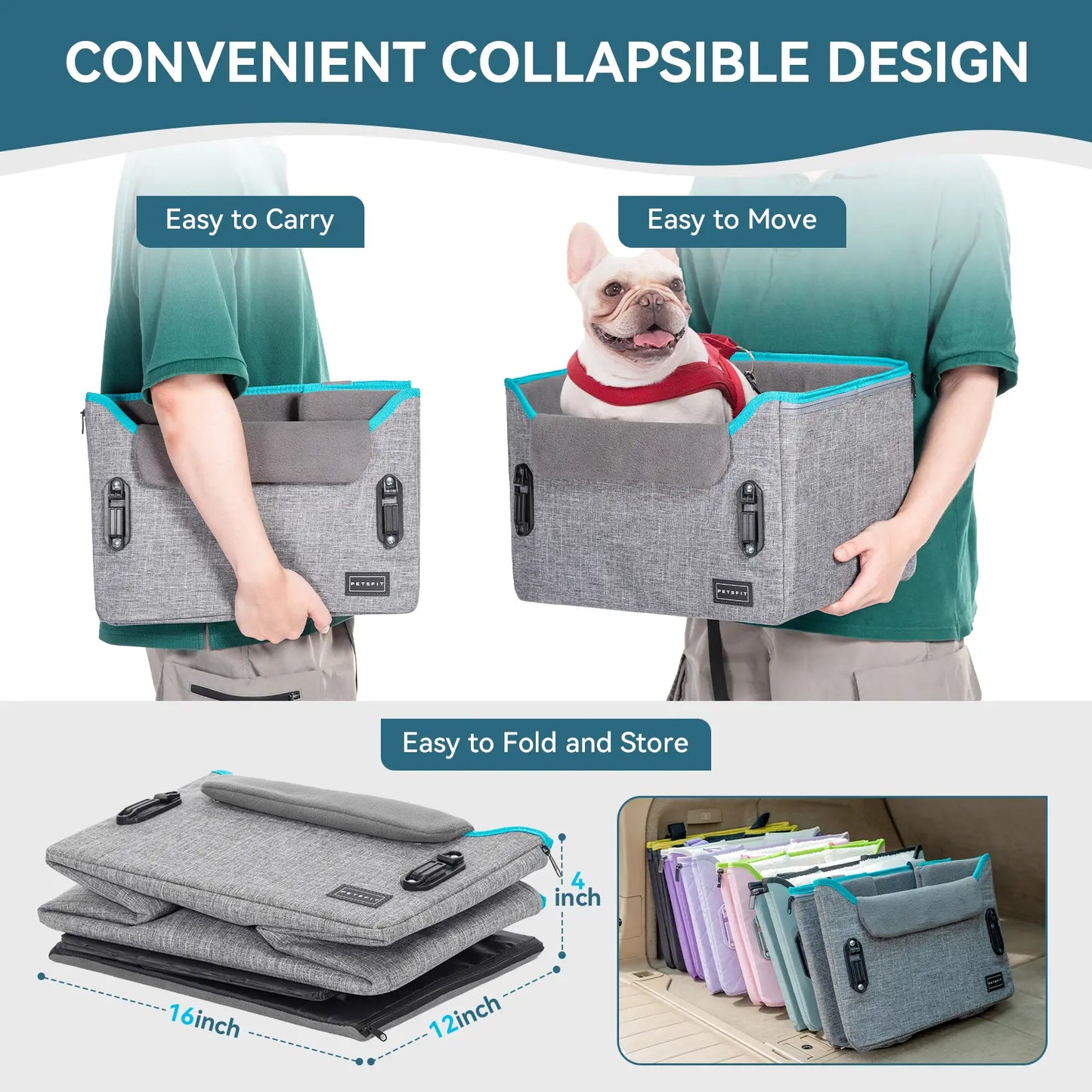 PETSFIT Foldable Dog Car Booster Seat for Small Dogs - Patented Safety Buckles, Safety Tether, Stable Frame, Soft Cushion - Leather, Fabric, Waterproof Wipe, Cozy Velvet Pad - Reduces Stress, Fits Front/Back Seat - Sohochic