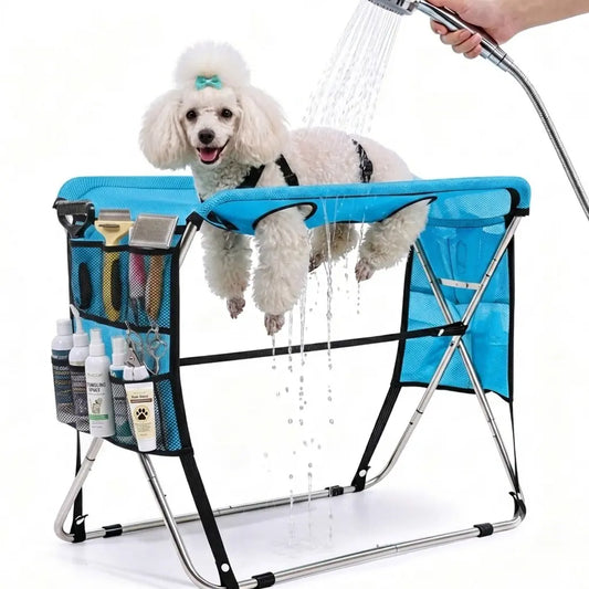 Portable Pet Grooming Table with Stand – Foldable, Holds up to 165 Lbs, Joint Protection for Senior Dogs & Cats, No-Stress Restraint for Small & Medium Pets, Machine-Washable Cover for Home & Salon Use