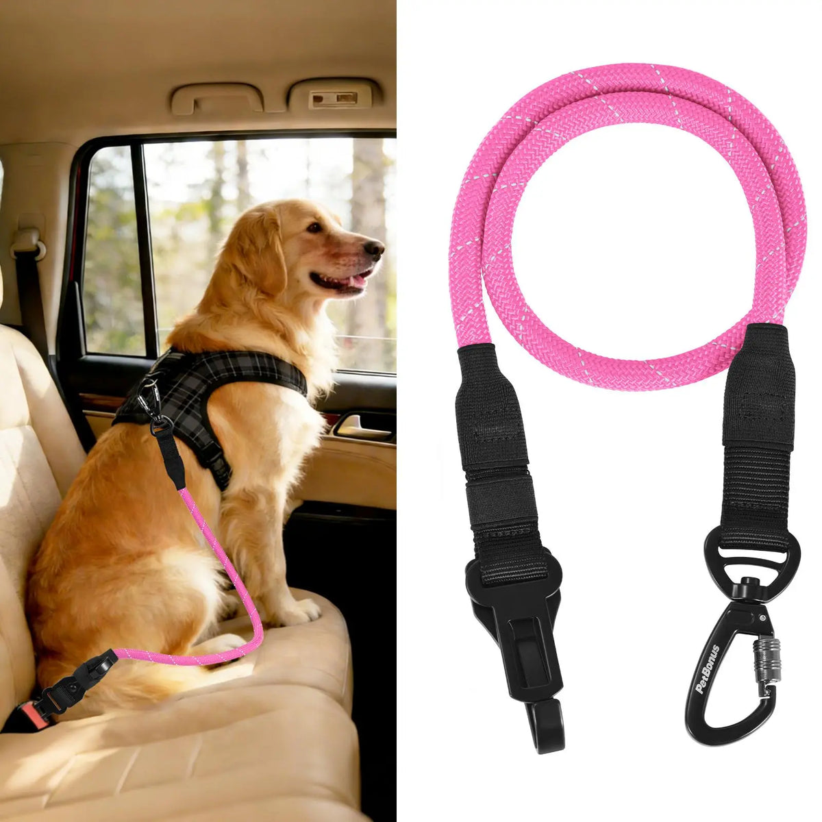 Petbonus Dog Seat Belt for Car, Durable Rope Dog Car Harness Seatbelt for Vehicle, Pet Tether Safety Restraint with Heavy Duty Buckle Hook Latch Lockable Clip for Small Medium Large Breeds