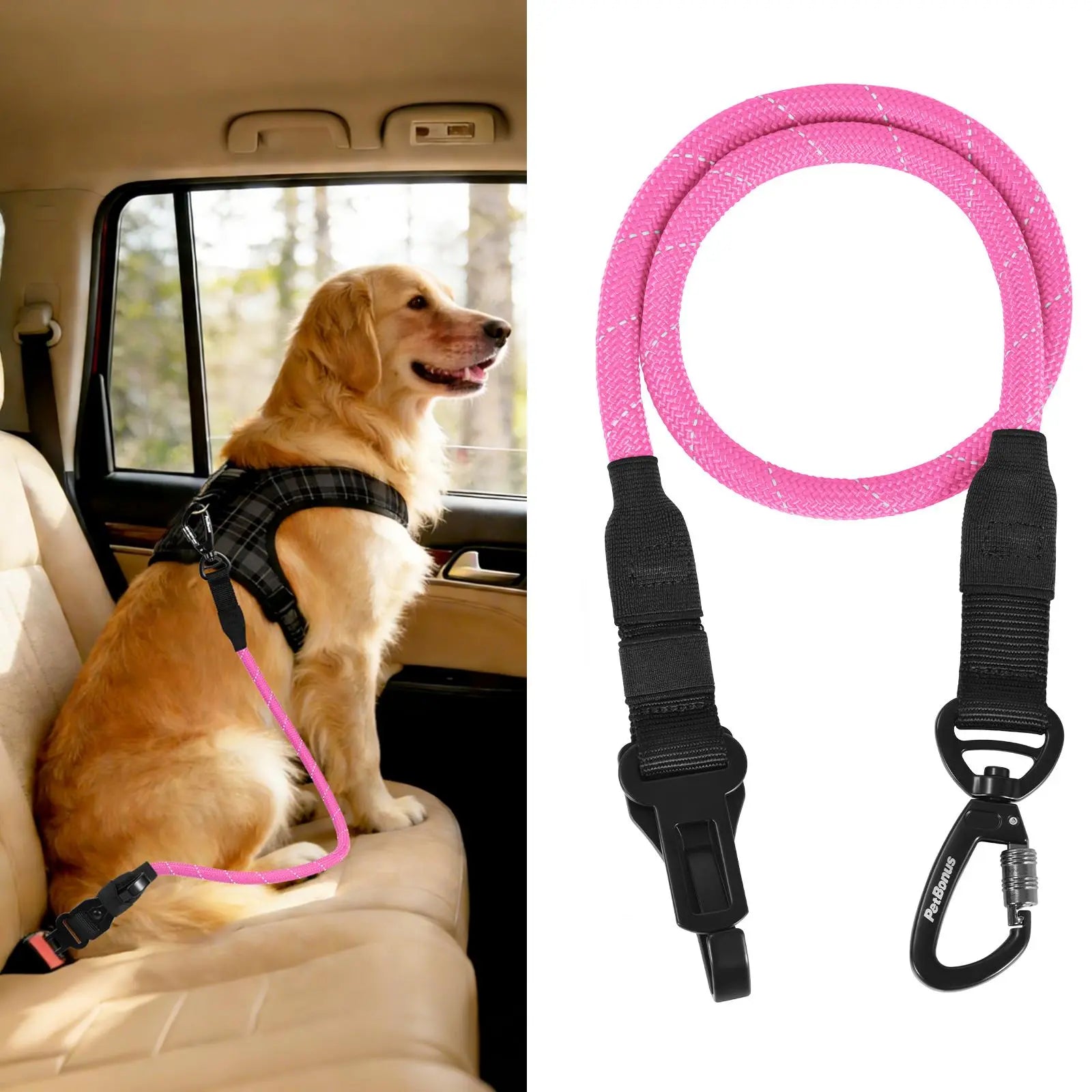 Petbonus Dog Seat Belt for Car, Durable Rope Dog Car Harness Seatbelt for Vehicle, Pet Tether Safety Restraint with Heavy Duty Buckle Hook Latch Lockable Clip for Small Medium Large Breeds