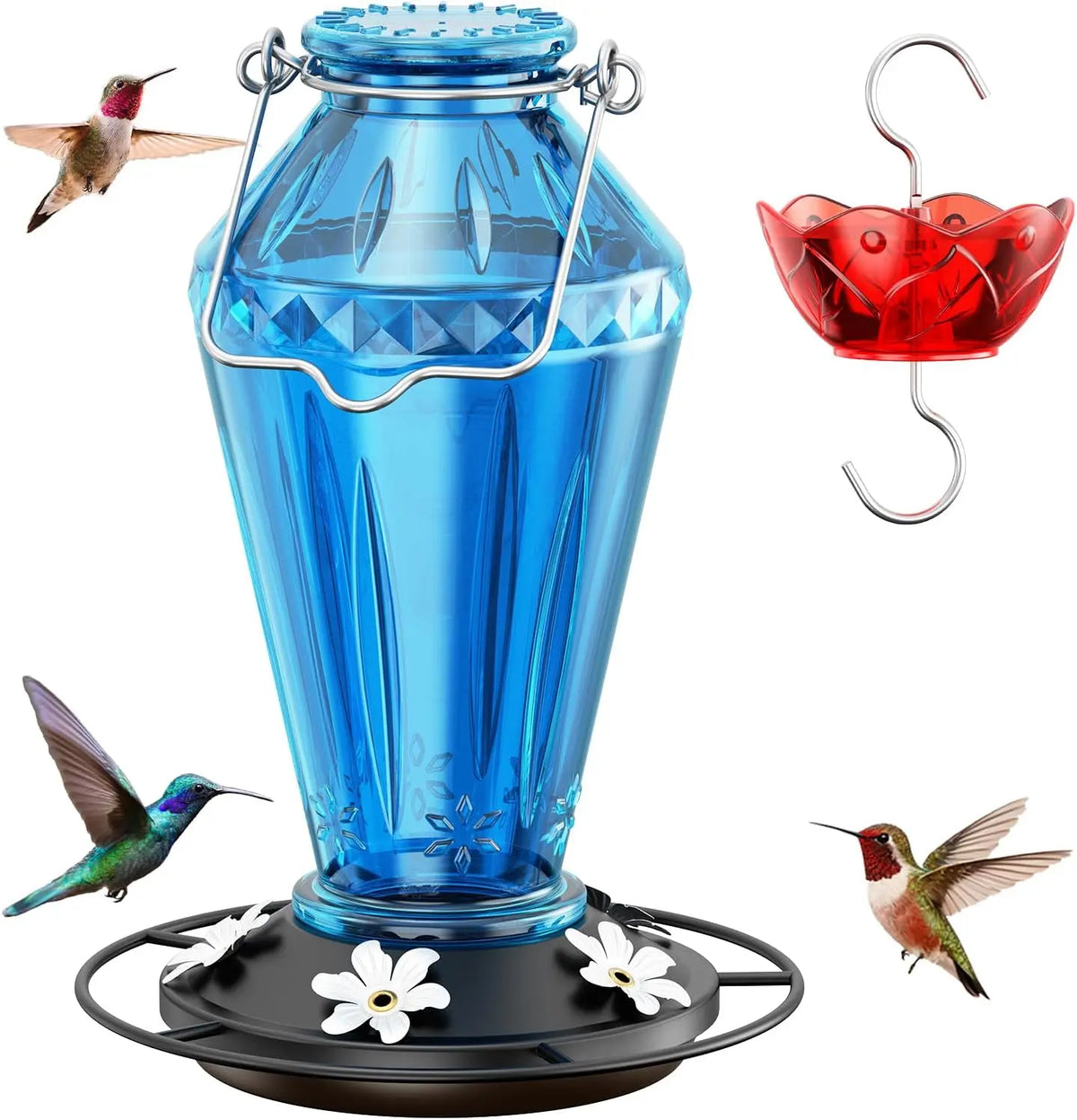 Birdream Hummingbird Feeders for Outdoors, 25Oz Glass Hummingbird Feeder with Perch & 5 Bee Guard Feeding Ports, Leak Proof, Includes Ant Moat and Cleaning Brush, Gift for Women Mom, Red