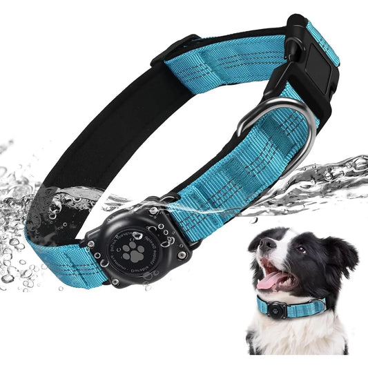 Anti-Lost Airtag Dog Collar for Medium/Large Dogs - Unbreakable Heavy-Duty Tactical Look Nylon Fabric Collar with 100% Waterproof Padded Integrated Holder, Durable Reflective Design, Multi-Size Option