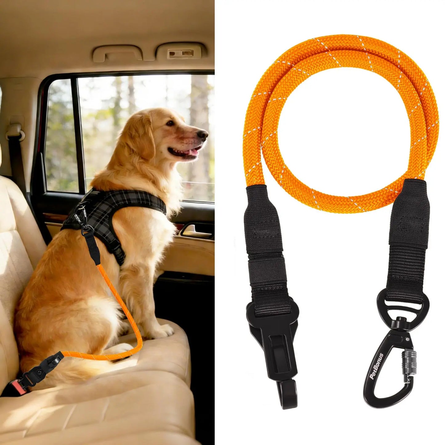 Petbonus Dog Seat Belt for Car, Durable Rope Dog Car Harness Seatbelt for Vehicle, Pet Tether Safety Restraint with Heavy Duty Buckle Hook Latch Lockable Clip for Small Medium Large Breeds