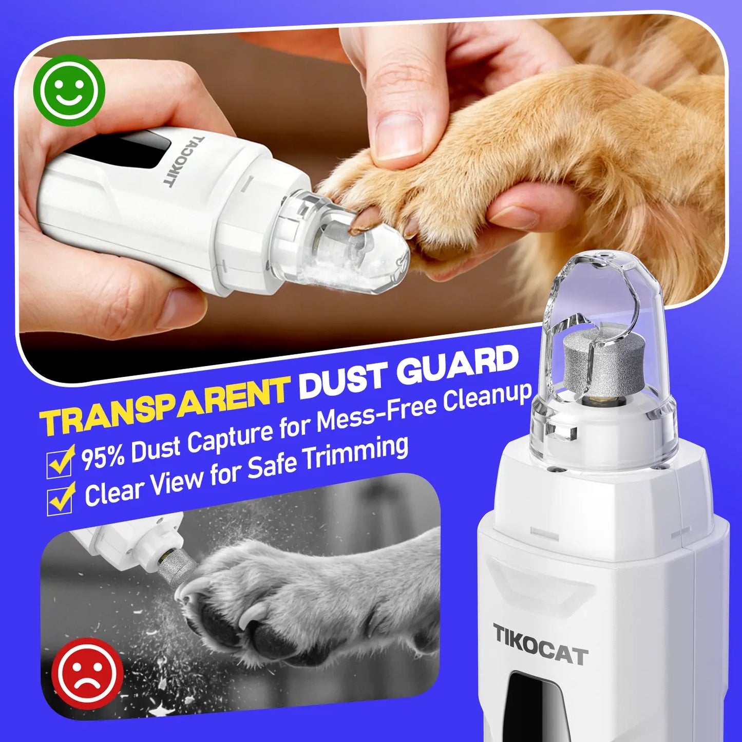 TIKOCAT Rechargeable Pet Nail Grinder, Ultra-Quiet Universal Electric Grooming Tool with 4 LED Lights, 3 Grinding Bits, 6-Speed, Type-C Fast Charging, 12-Hour Runtime, Smart LED Display, Dust Cup for Sensitive Dogs & Cats