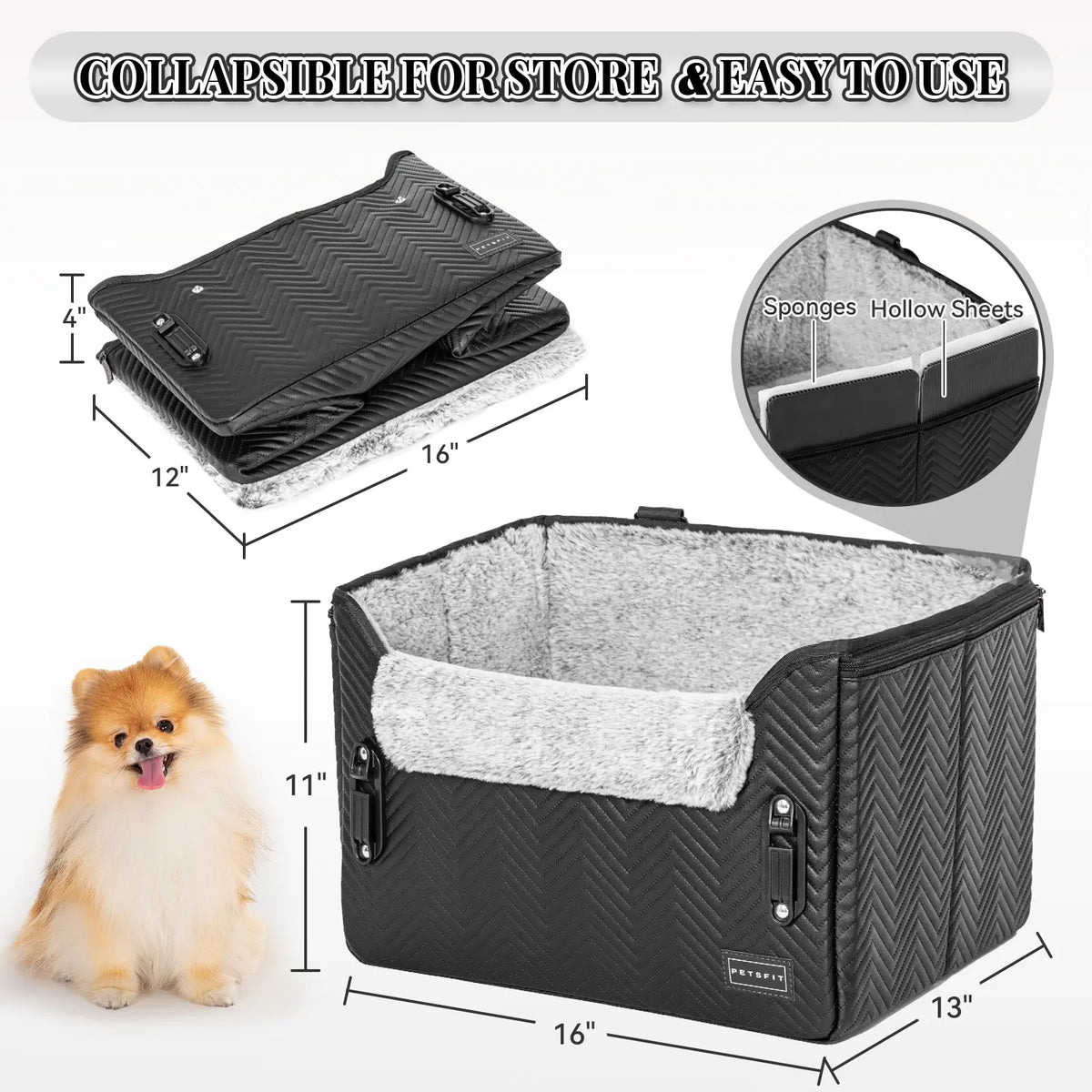 PETSFIT Foldable Dog Car Booster Seat for Small Dogs - Patented Safety Buckles, Safety Tether, Stable Frame, Soft Cushion - Leather, Fabric, Waterproof Wipe, Cozy Velvet Pad - Reduces Stress, Fits Front/Back Seat - Sohochic